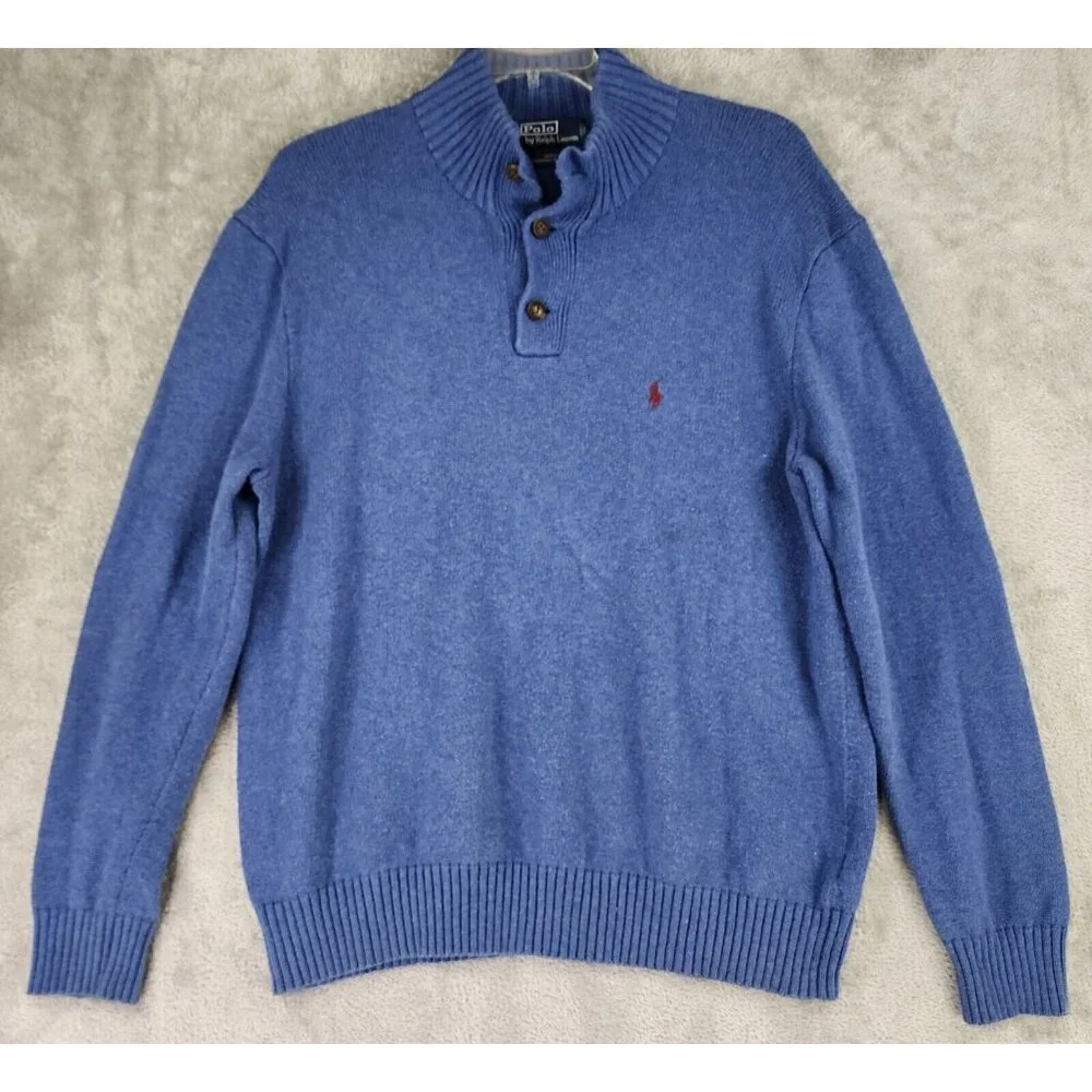 Polo by Ralph Lauren Sweater Mens XL Blue 1/4 Button Long Sleeve Preppy Vintage